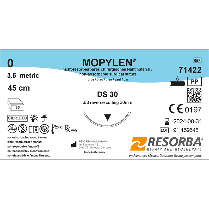 Мопілен USP0 синій, довжина 45см, зворотньо-ріжуча голка 30мм, 3/8 кола